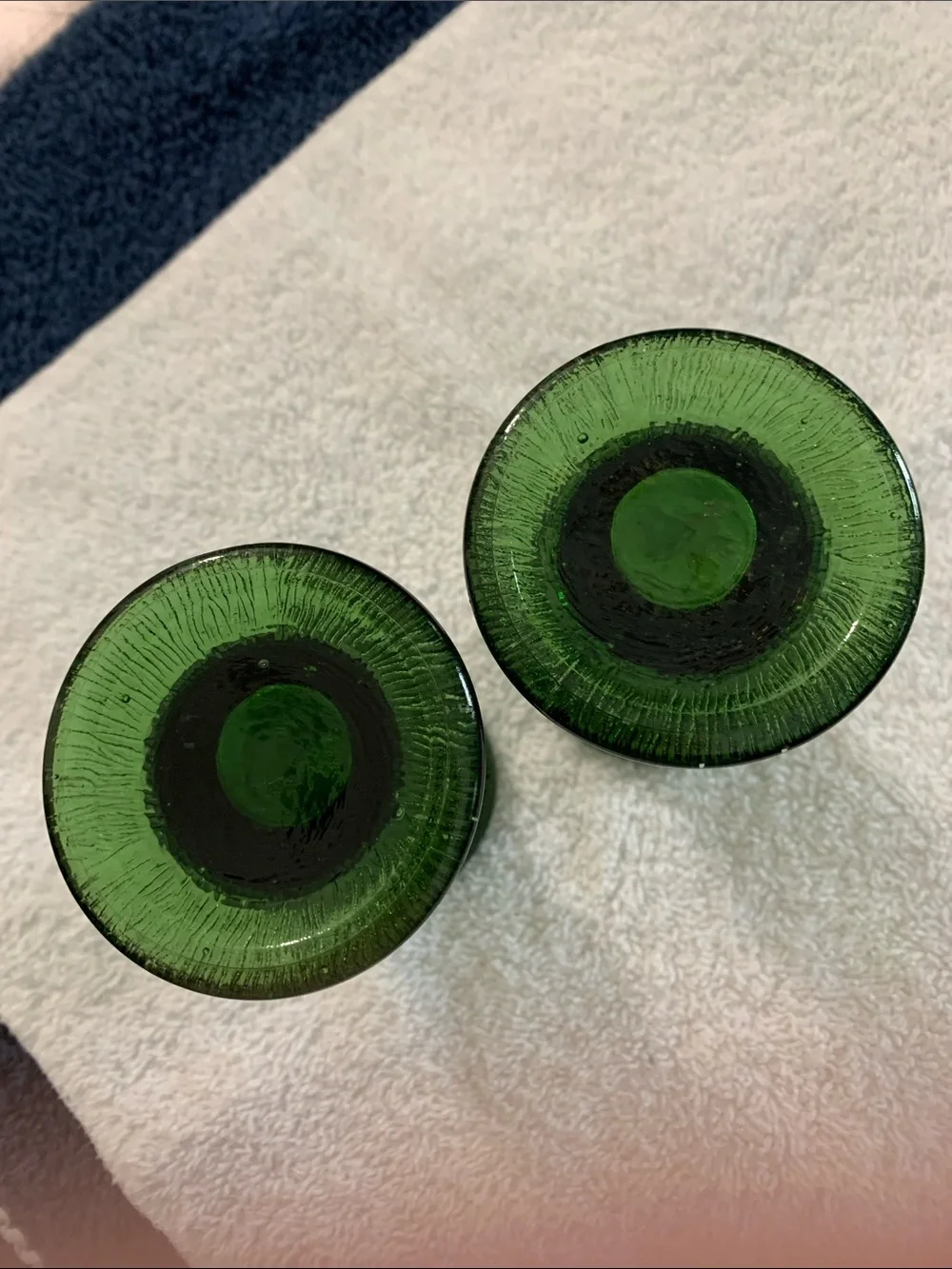 Set of 2 Crinkle Green Glass Taper Candle Holders - approximately 3 1/4 inches